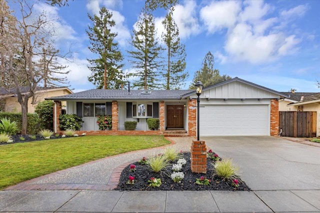 ranch-style home with a garage and a front yard