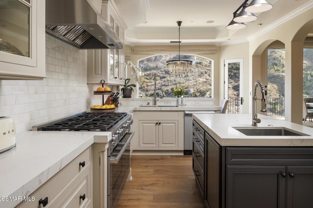 kitchen with wall chimney exhaust hood, sink, hanging light fixtures, a tray ceiling, and stainless steel stove