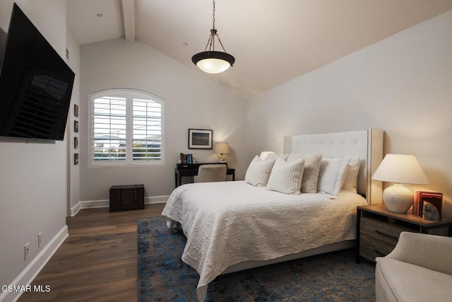 bedroom with vaulted ceiling with beams and dark hardwood / wood-style floors