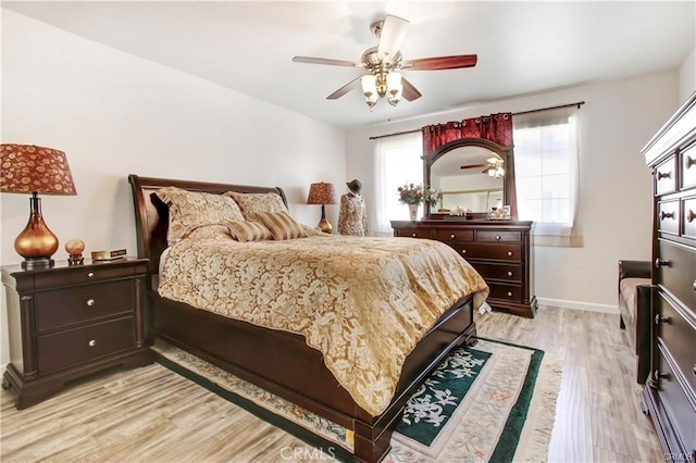 bedroom with light hardwood / wood-style floors and ceiling fan