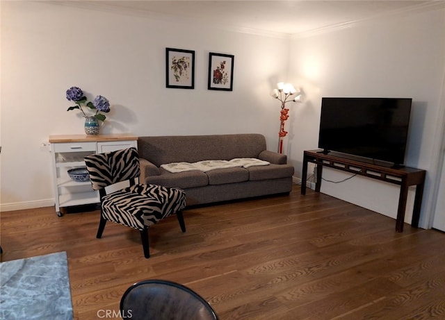 living room featuring ornamental molding and dark wood-type flooring