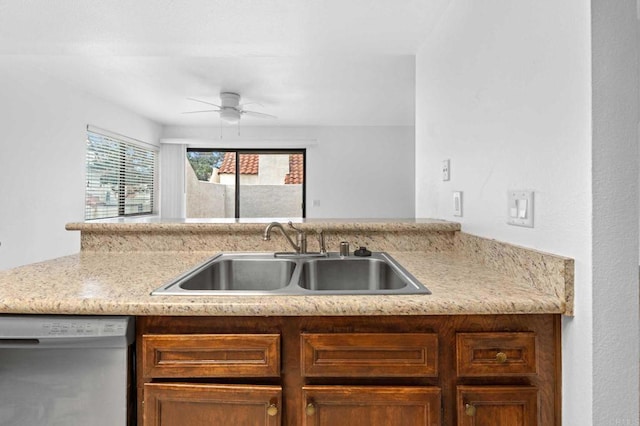 kitchen with sink, stainless steel dishwasher, and ceiling fan