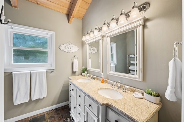 bathroom featuring lofted ceiling with beams, vanity, and wood ceiling