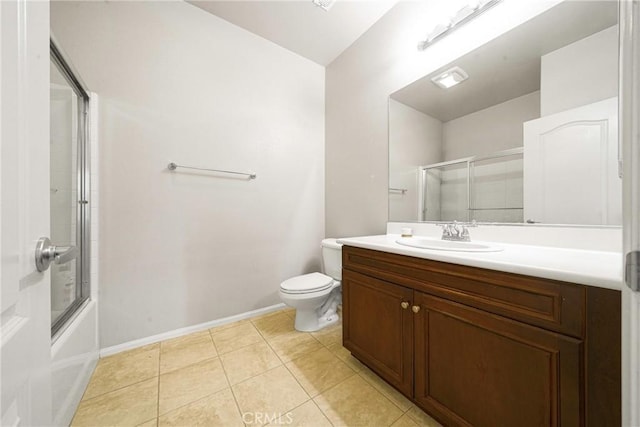 full bathroom with enclosed tub / shower combo, vanity, toilet, and tile patterned flooring