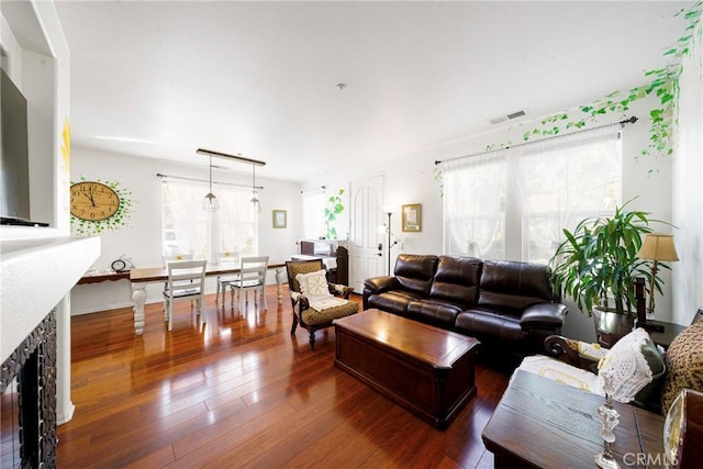 living room featuring a fireplace, dark hardwood / wood-style floors, and a wealth of natural light