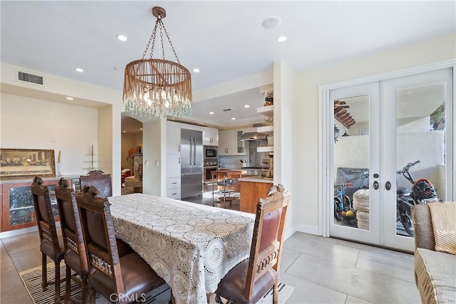 dining area featuring french doors, light tile patterned flooring, visible vents, and recessed lighting