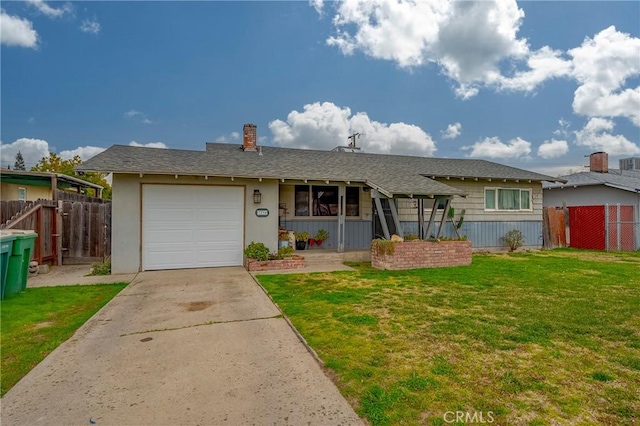 ranch-style house with a garage and a front lawn