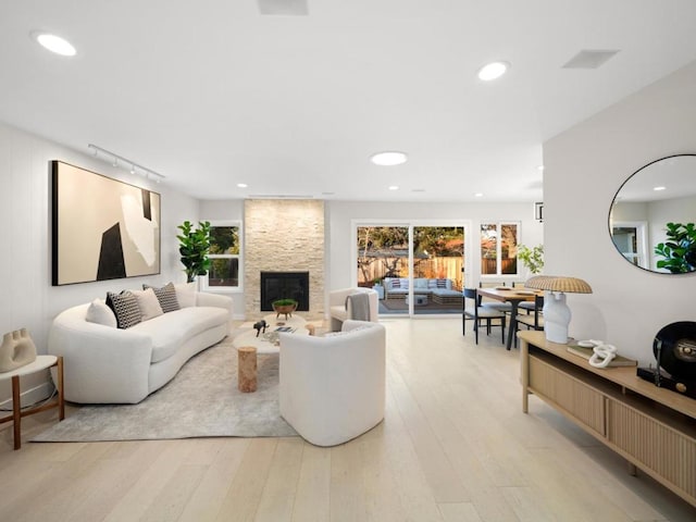 living room with light hardwood / wood-style flooring and a large fireplace