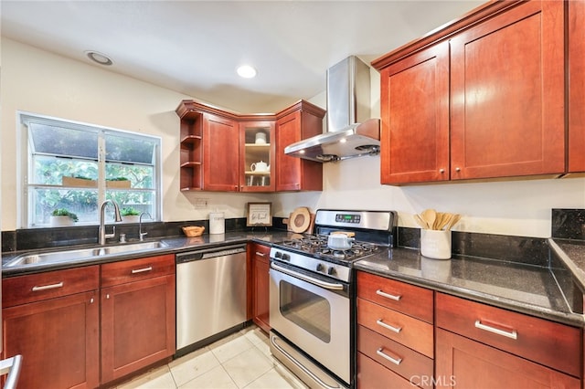 509 N Sierra Vista St Unit B, Monterey Park, CA 91755 - kitchen featuring appliances with stainless steel finishes, extractor fan, a sink, light tile patterned floors, and reddish brown cabinets