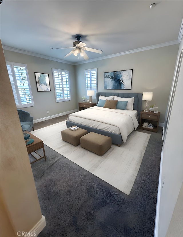 bedroom featuring multiple windows, ornamental molding, and carpet floors