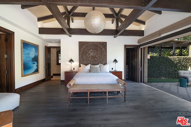 bedroom featuring access to exterior, dark wood-type flooring, and vaulted ceiling with beams