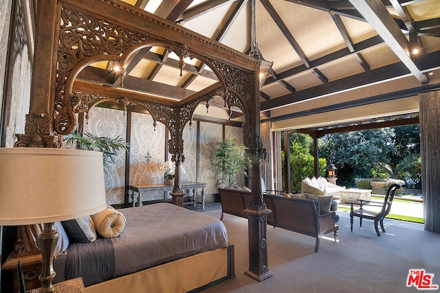 bedroom featuring carpet floors and lofted ceiling with beams