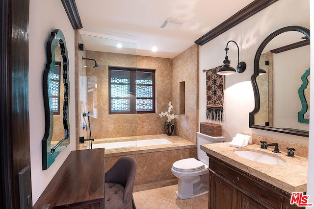 bathroom with vanity, crown molding, tile patterned floors, and toilet