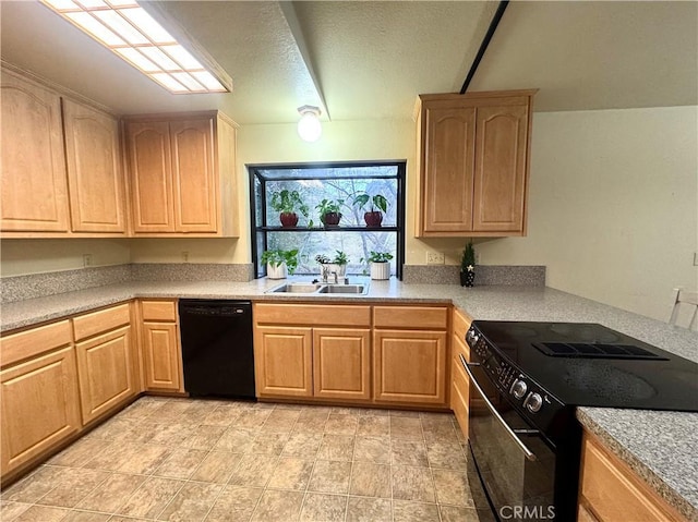 kitchen with sink, light brown cabinets, a textured ceiling, and black appliances