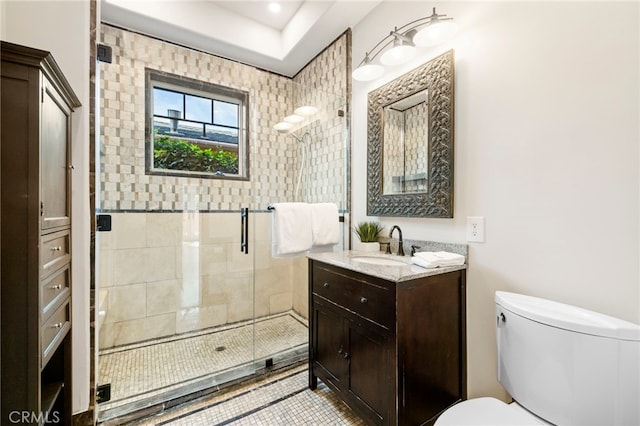 bathroom with vanity, toilet, and a shower with shower door