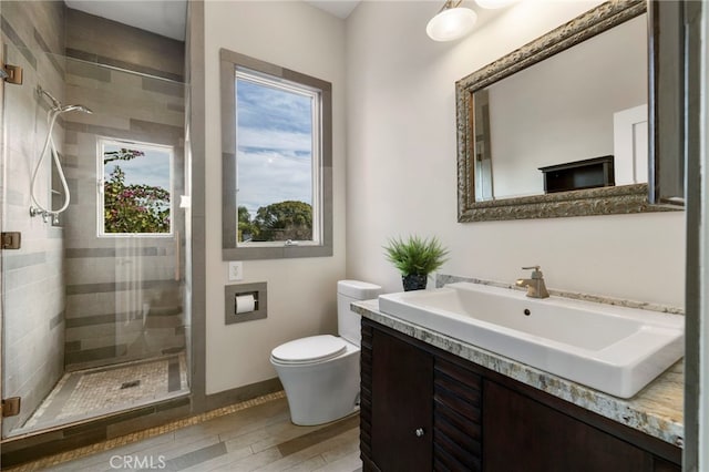 bathroom with hardwood / wood-style flooring, vanity, toilet, and a tile shower