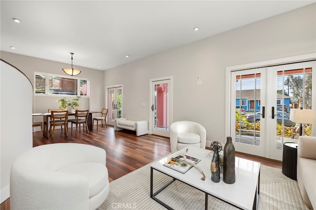 living room with plenty of natural light, dark hardwood / wood-style flooring, and french doors