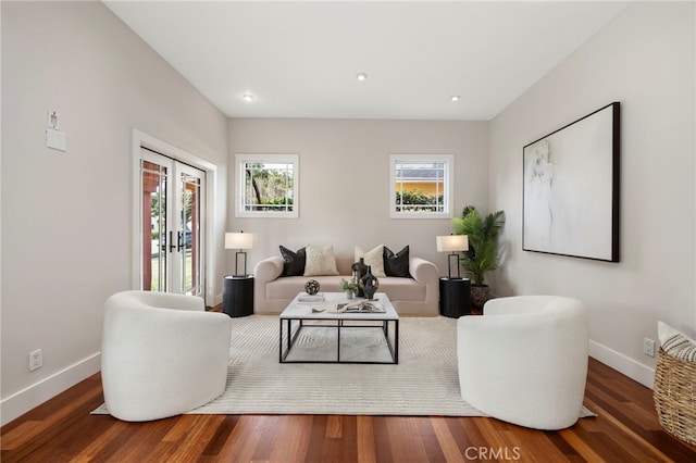 living room with hardwood / wood-style floors and french doors