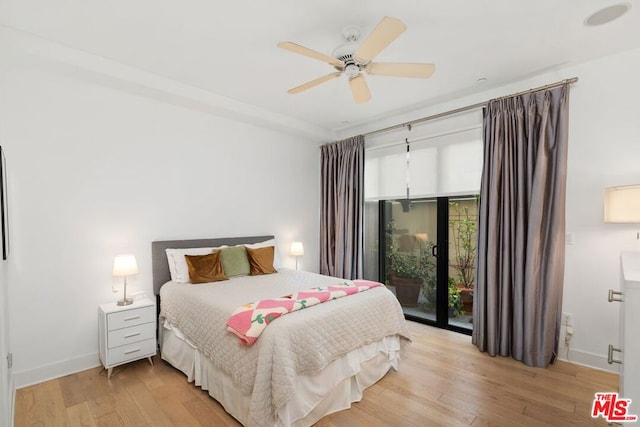 bedroom featuring ceiling fan, access to exterior, and light hardwood / wood-style floors