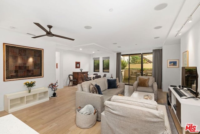 living room featuring light hardwood / wood-style floors and rail lighting