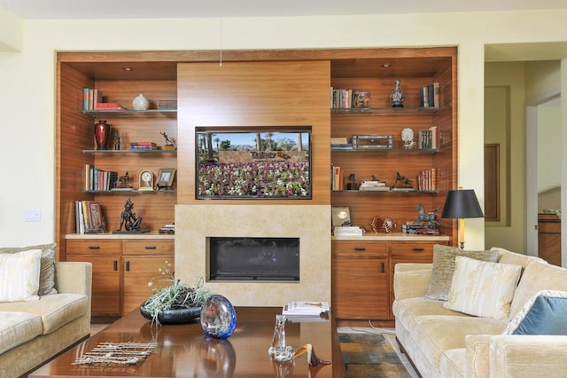 living room featuring a fireplace and built in features