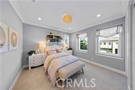 carpeted bedroom with crown molding