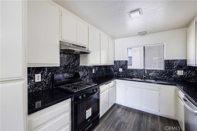 kitchen with black range with gas cooktop, dishwasher, sink, and white cabinets