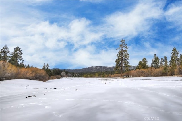 snowy yard featuring a mountain view