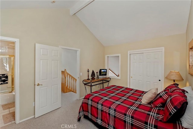 carpeted bedroom featuring connected bathroom, beam ceiling, high vaulted ceiling, and a closet