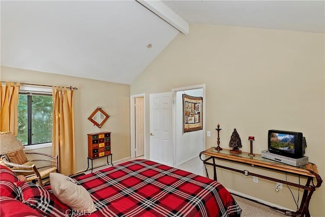 bedroom with carpet floors, high vaulted ceiling, and beamed ceiling