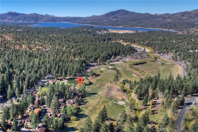 drone / aerial view featuring a water and mountain view