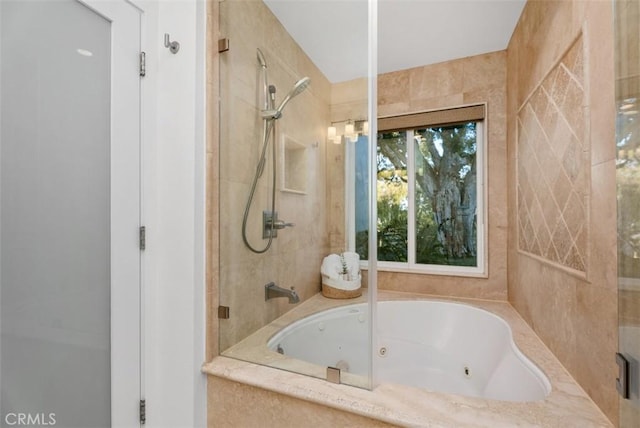 full bath with a jetted tub and walk in shower