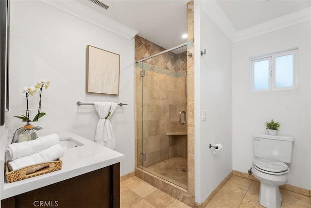 bathroom with ornamental molding, a shower stall, and toilet