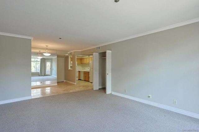 unfurnished living room with crown molding and light colored carpet