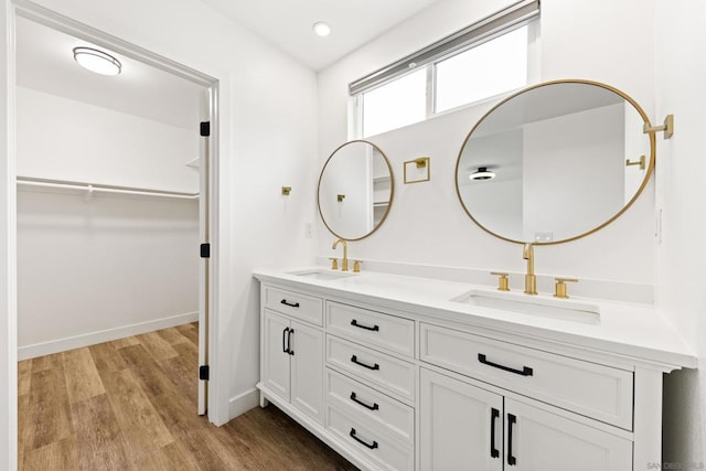 bathroom with hardwood / wood-style flooring and vanity