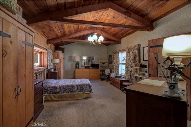 carpeted bedroom featuring vaulted ceiling with beams, wooden ceiling, and an inviting chandelier