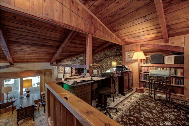 interior space featuring lofted ceiling with beams, wood ceiling, and wood walls