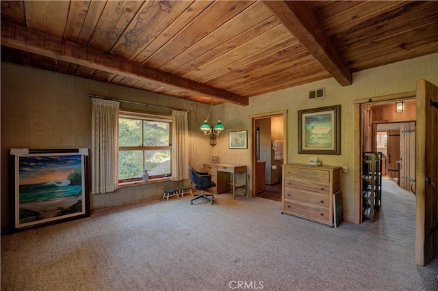 unfurnished room with carpet floors, wood ceiling, and beam ceiling