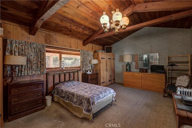 carpeted bedroom with vaulted ceiling with beams, a notable chandelier, and wood ceiling