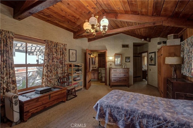 carpeted bedroom featuring vaulted ceiling with beams, a notable chandelier, and wooden ceiling