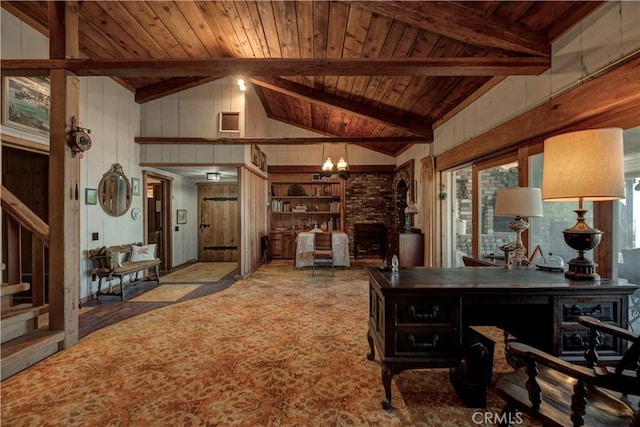 office area featuring a brick fireplace, vaulted ceiling with beams, wooden ceiling, and wooden walls