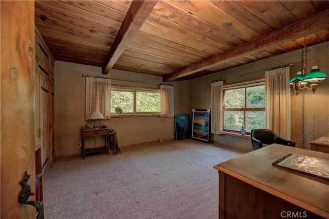 carpeted office with wood ceiling and beamed ceiling