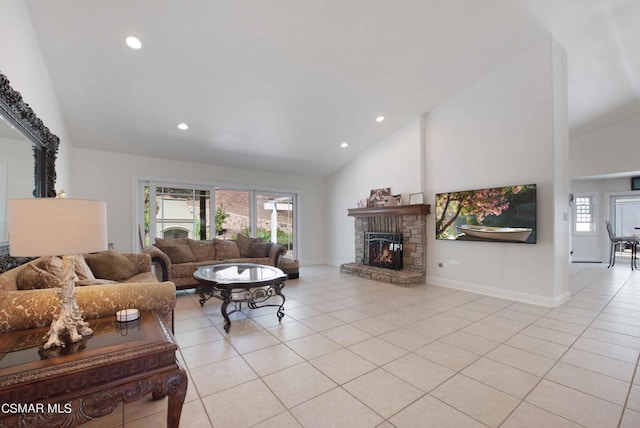 tiled living room with high vaulted ceiling