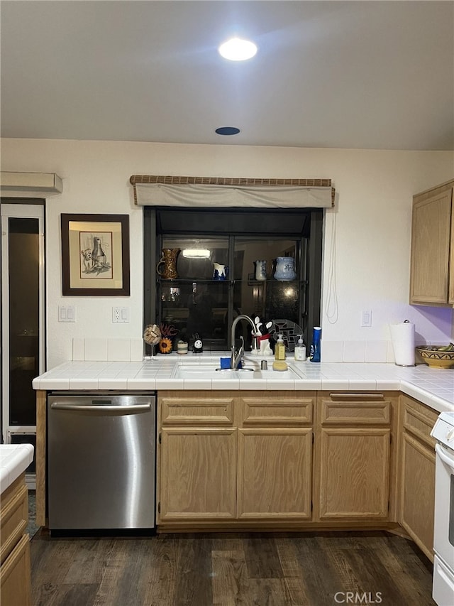 kitchen with tile countertops, dishwasher, sink, white range, and dark wood-type flooring