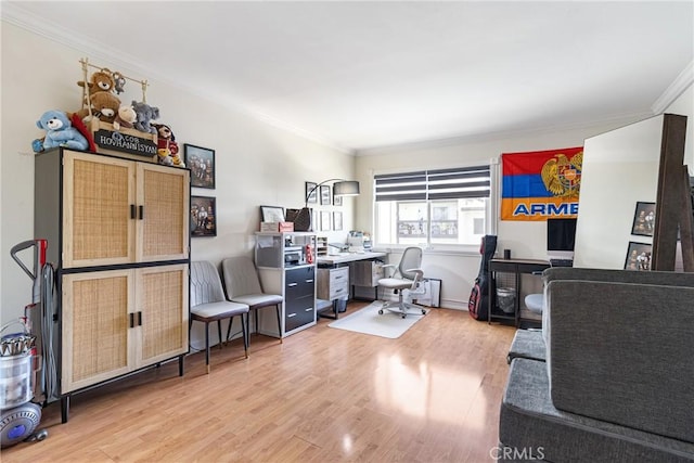 office area featuring crown molding and light wood-type flooring