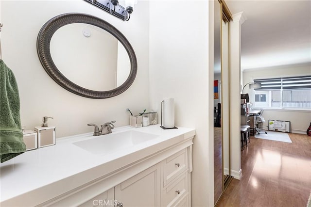 bathroom with wood-type flooring and vanity