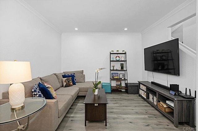 living room featuring crown molding and light wood-type flooring