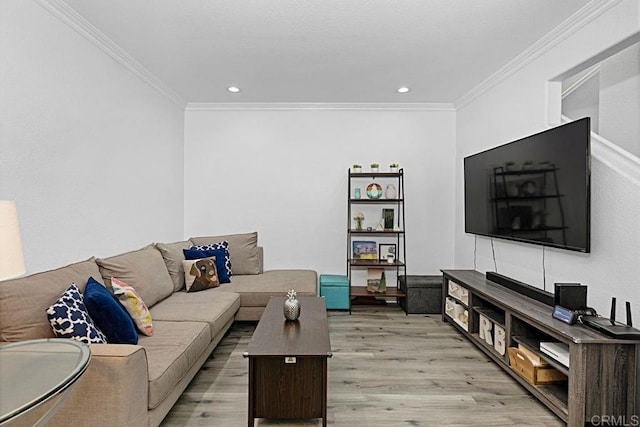 living room featuring crown molding and light hardwood / wood-style floors