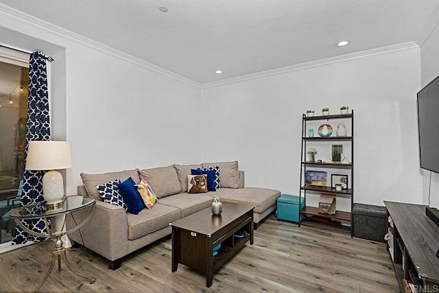 living room with crown molding and light hardwood / wood-style floors