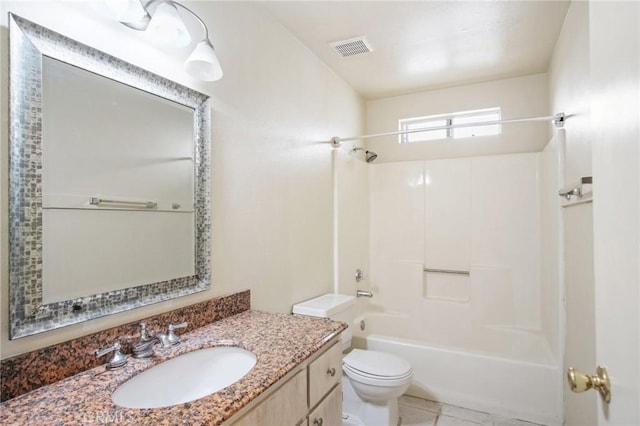 bathroom featuring shower / bath combination, visible vents, toilet, tile patterned flooring, and vanity